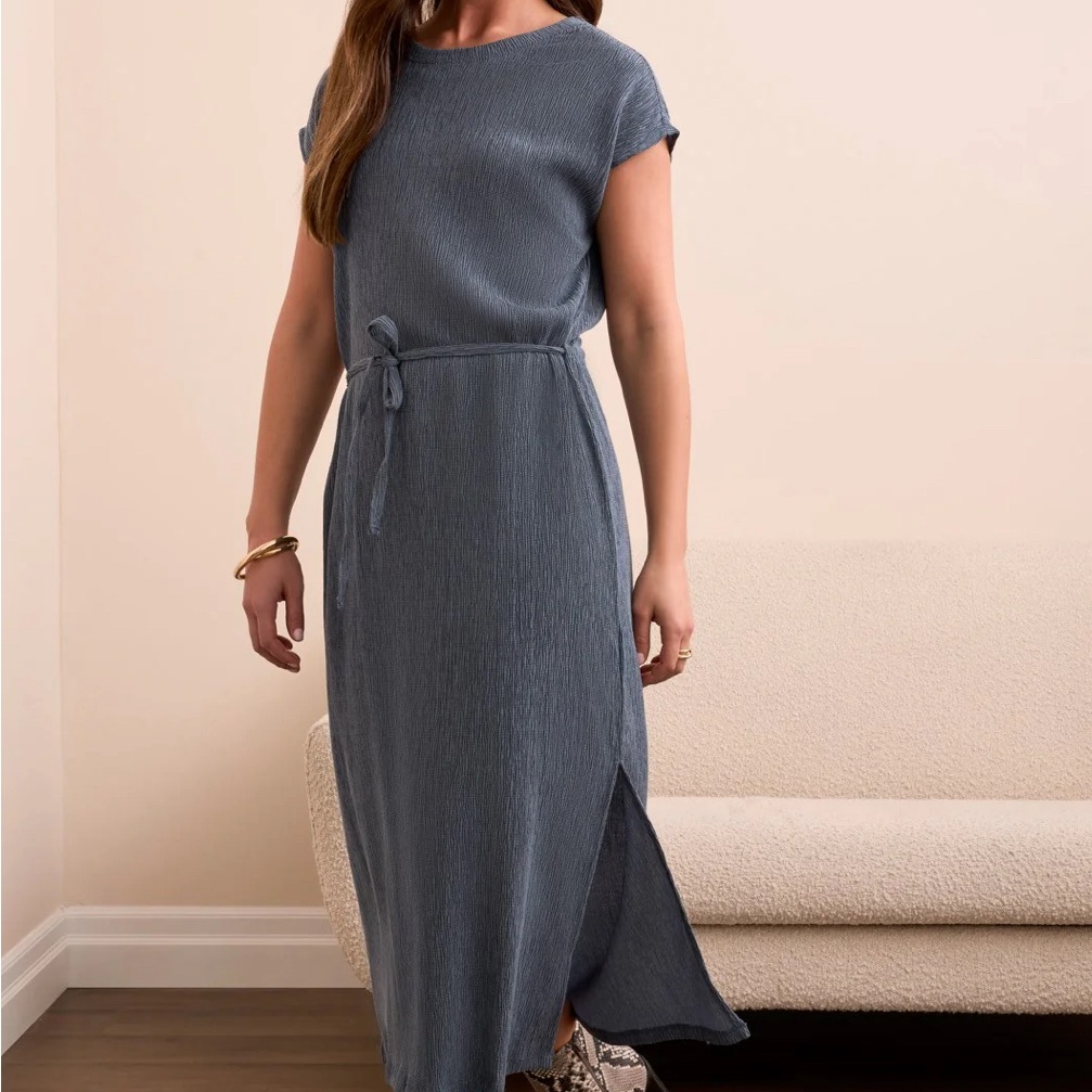 Tribal Two-Tone Crinkle Knit Belted Midi Dress-Slateblue